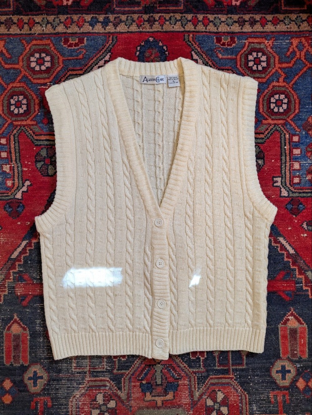 Cream Cable-Knit Button Front Sweater Vest
